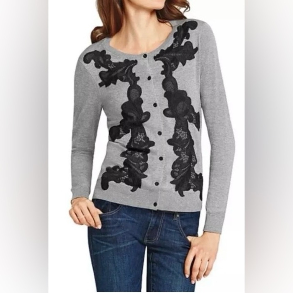 CAbi Cotton Gray Cardigan Sweater Black Lace Appliqué Button Front Women’s Sz M
